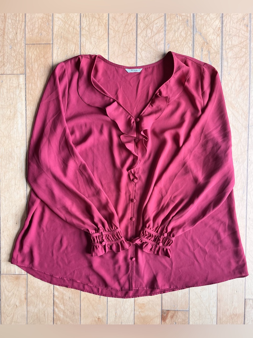 Penningtons Red Ruffle Front Blouse Long Sleeve Size 1X